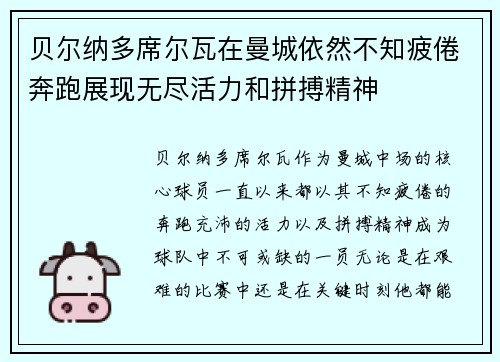 贝尔纳多席尔瓦在曼城依然不知疲倦奔跑展现无尽活力和拼搏精神 贝尔纳多席尔瓦在曼城依然不知疲倦奔跑展现无尽活力和拼搏精神
